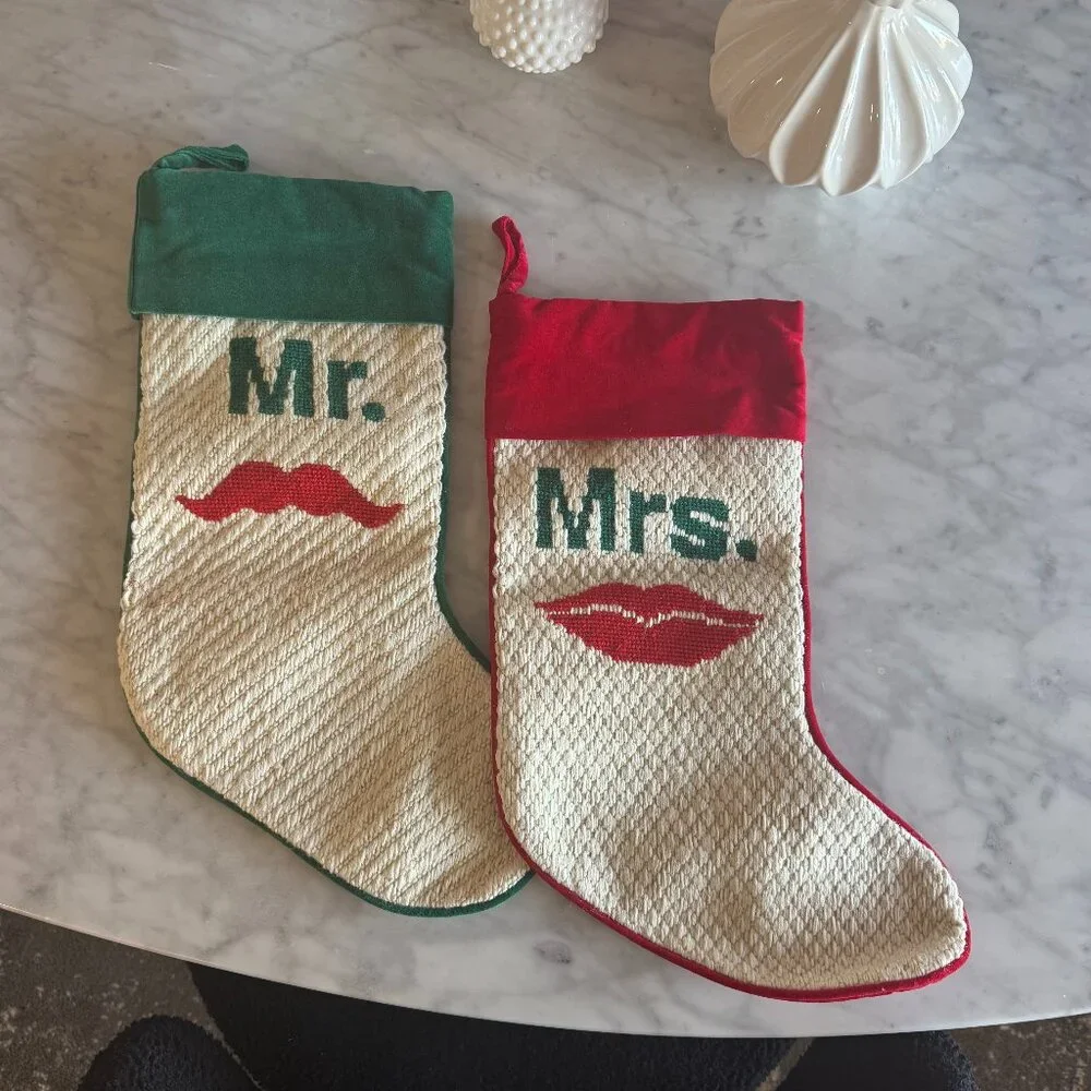 Jonathan Adler Mr. & Mrs. Embroidered Christmas Stockings Set – Velvet Back